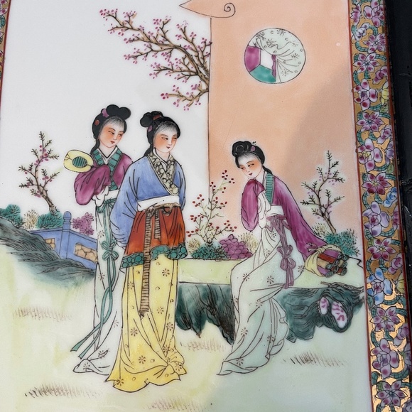 Vintage Chinese Famille Rose Porcelain Plaque In Bamboo Style Designed Frame - Picture 2 of 9